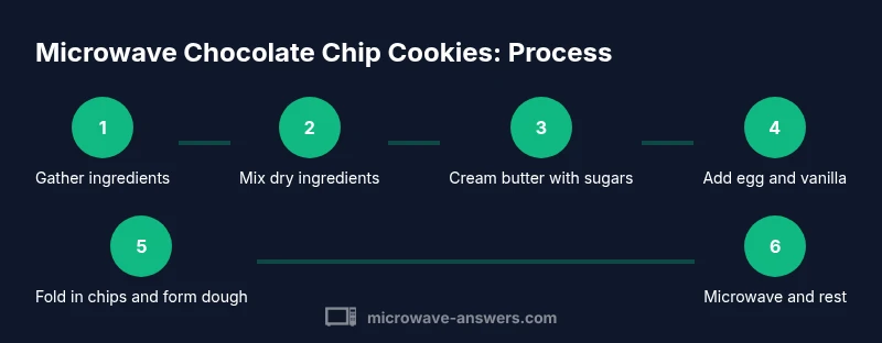 Process infographic showing steps to microwave chocolate chip cookies